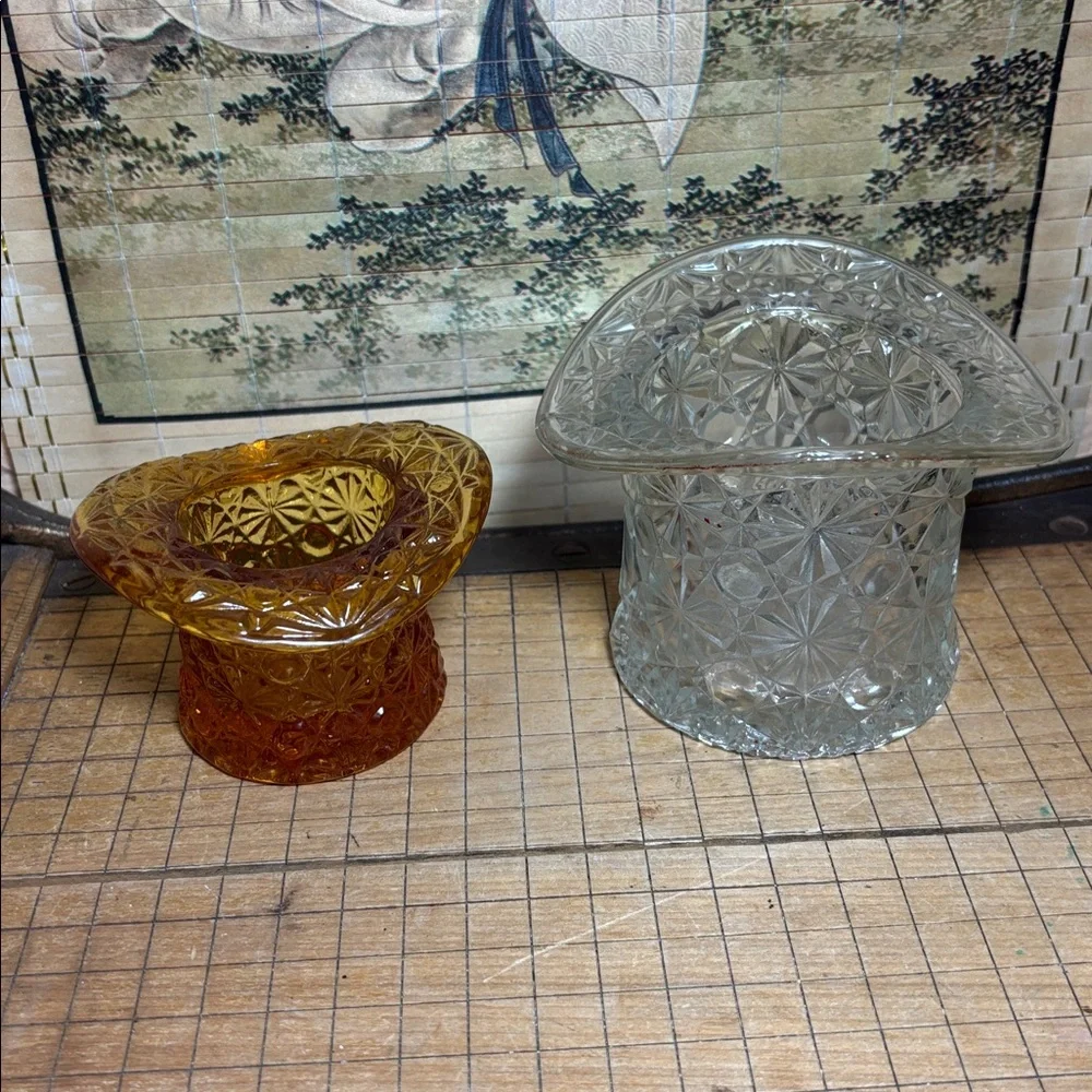 Large Clear and Small Topaz Fenton Hat Daisy Button Glass Vases